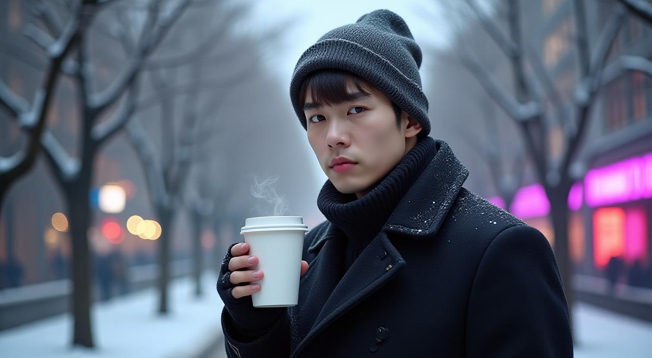 SEOUL WINTER VIBE: A stylish individual wearing a handcrafted charcoal beanie in a snow-dusted urban park, holding a steaming coffee cup.